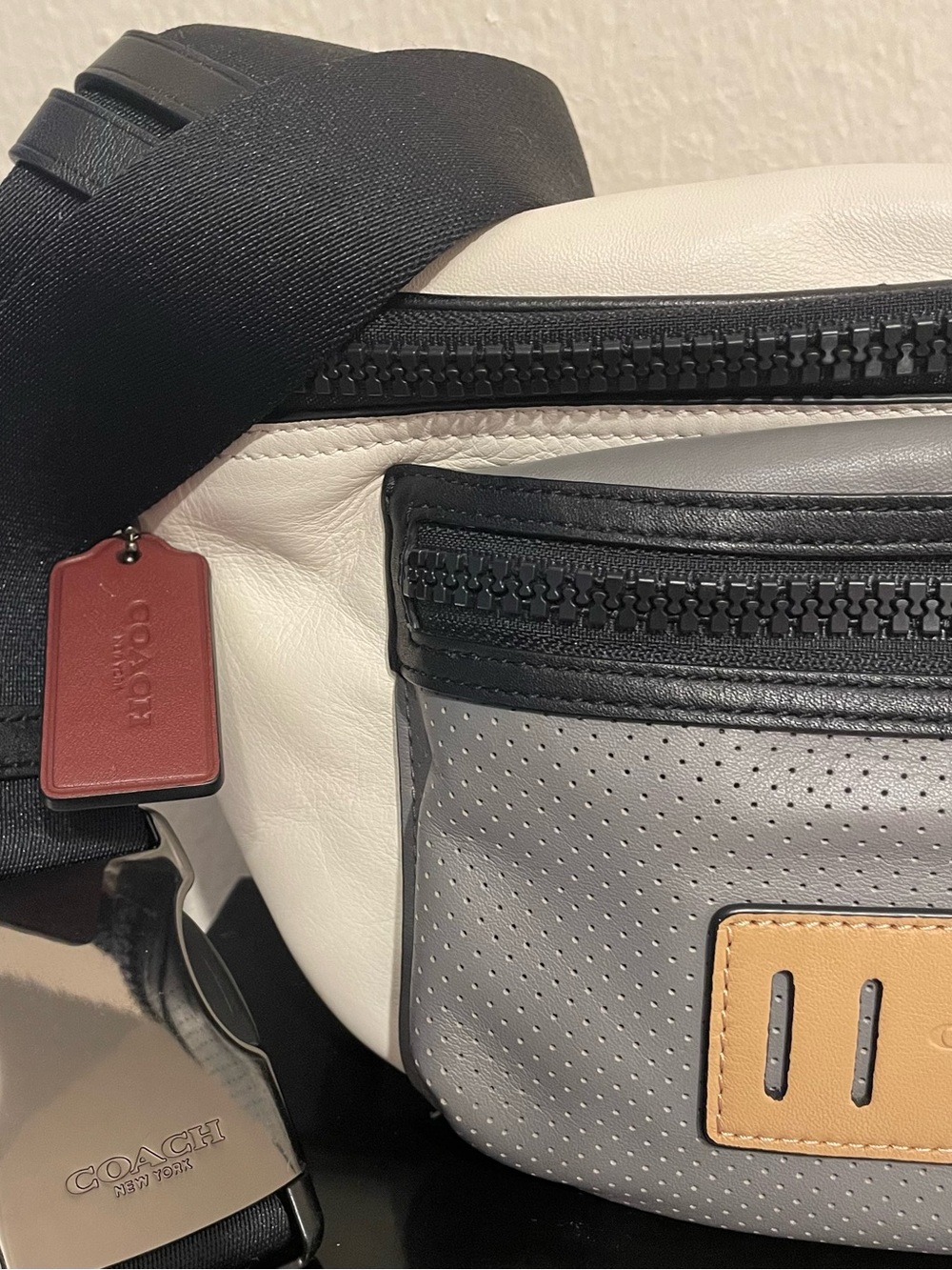 Coach White, Gray & Tan Leather Belt Bag with Black Trim - Picture 3 of 7
